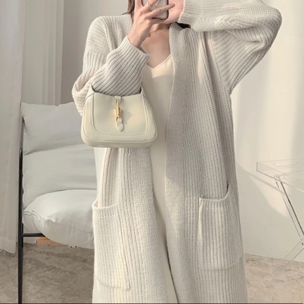 GORGEOUS Chunky Thick Oversized Long Over Knee Rib Tan soft Fuzzy Cardigan Coat - Picture 5 of 13